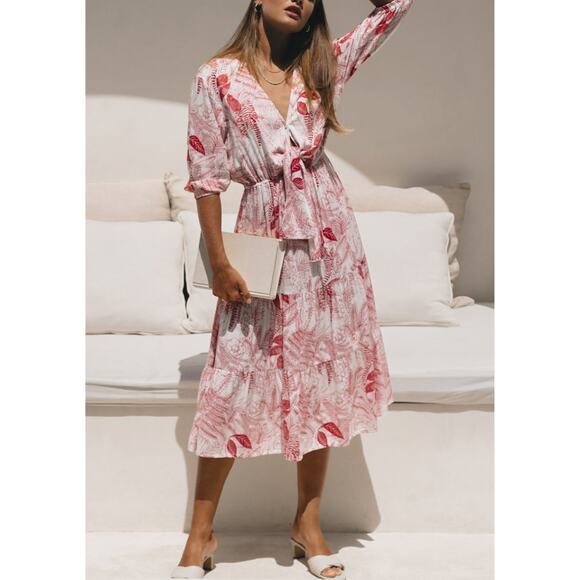 Khush Dresses & Skirts - Khush Floral Tiered Midi Dress Size L White Red V-neck Boho Cottage Resort